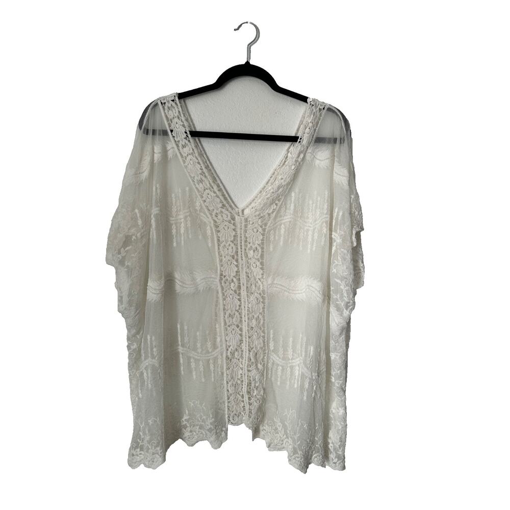Womens White‎ Semi Sheer Top Boho Floral Embroidered Lace Beach Swim Cover UP